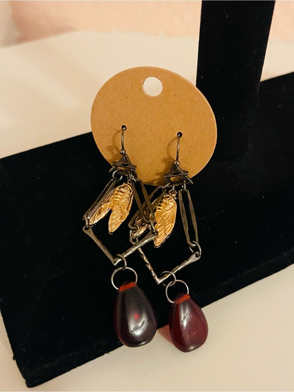NWT Gold and Burgundy Dangle Earrings, Bug Earrings